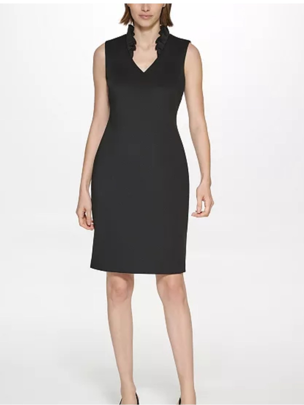 Calvin Klein Black Scuba Sleeveless V Neck Ruffle Collar Sheath Dress